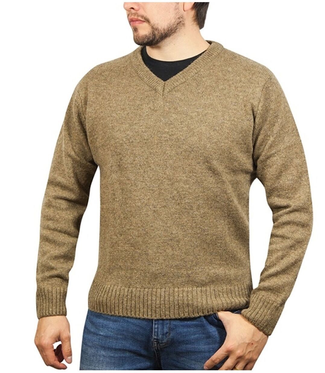 100% Shetland Ragg Wool V Neck Knit Jumper Pullover Mens Sweater Knitted - Nutmeg - 6XL