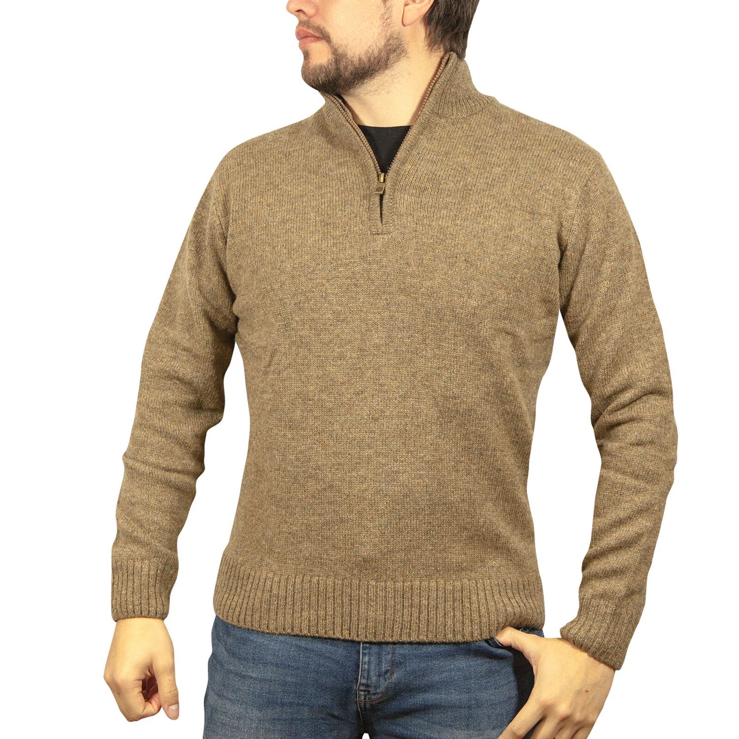 100% SHETLAND RAGG WOOL Half Zip Up Knit JUMPER Pullover Mens Sweater Knitted - Nutmeg - XL
