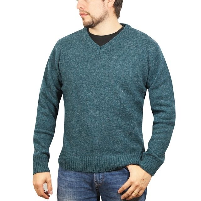 100% Shetland Ragg Wool V Neck Knit Jumper Pullover Mens Sweater Knitted - Sherwood - XL