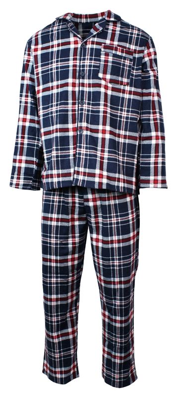 Mens Flannelette Pyjama Set Sleepwear Soft 100% Cotton PJs Two Piece - Navy/Red Check - S