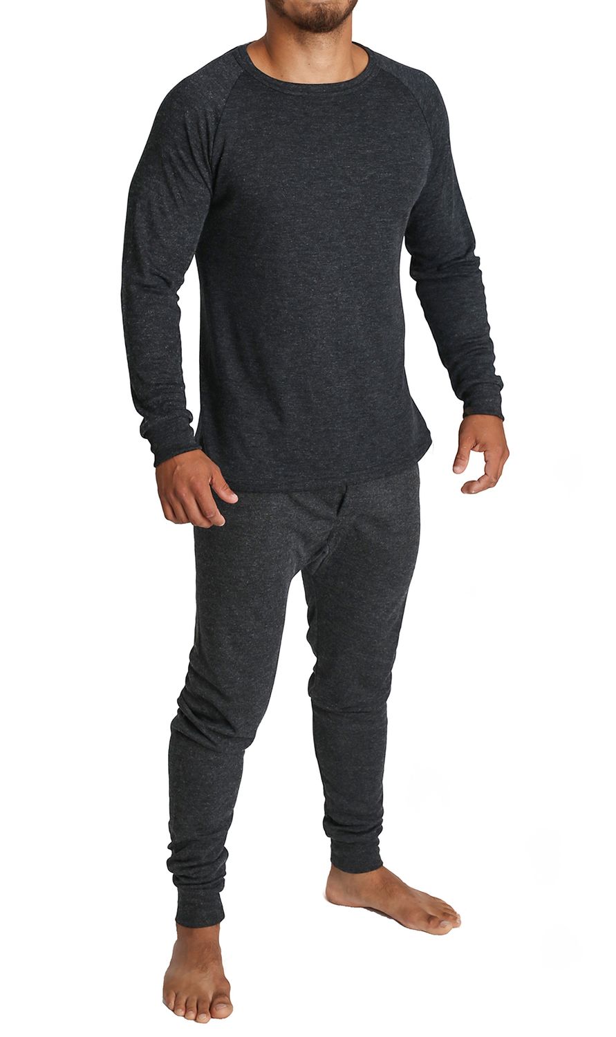 2pcs Set Mens Merino Wool Blend Long Sleeve Thermal Top &amp; Long Johns Pants Underwear - Black - XXL