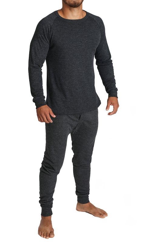 2pcs Set Mens Merino Wool Blend Long Sleeve Thermal Top &amp; Long Johns Pants Underwear - Black - XXL