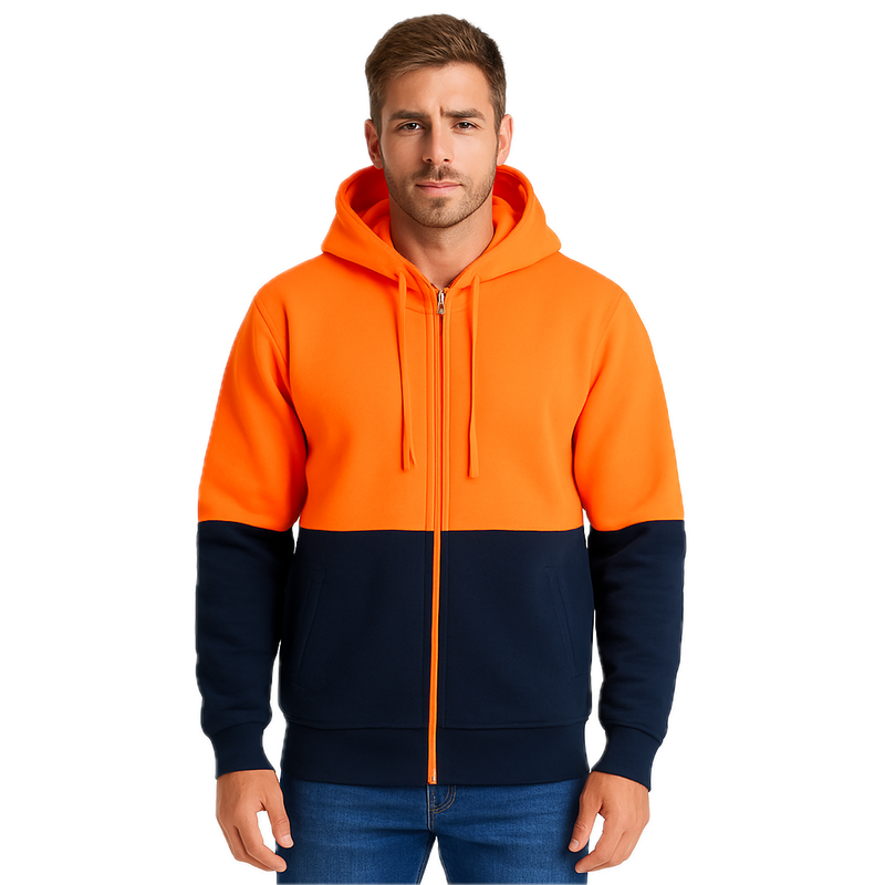 HI VIS Jumper Full Zip Hoodie Safety Workwear Fleecy Fleece Jacket Hooded in Orange/Navy - S