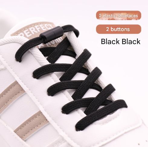 Black No-Tie Elastic Shoelaces with Quick Lock System - Flat Tieless Laces for Kids and Adults