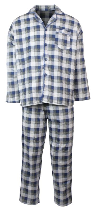 Mens Flannelette Pyjama Set Sleepwear Soft 100% Cotton PJs Two Piece - Light Blue Check - S