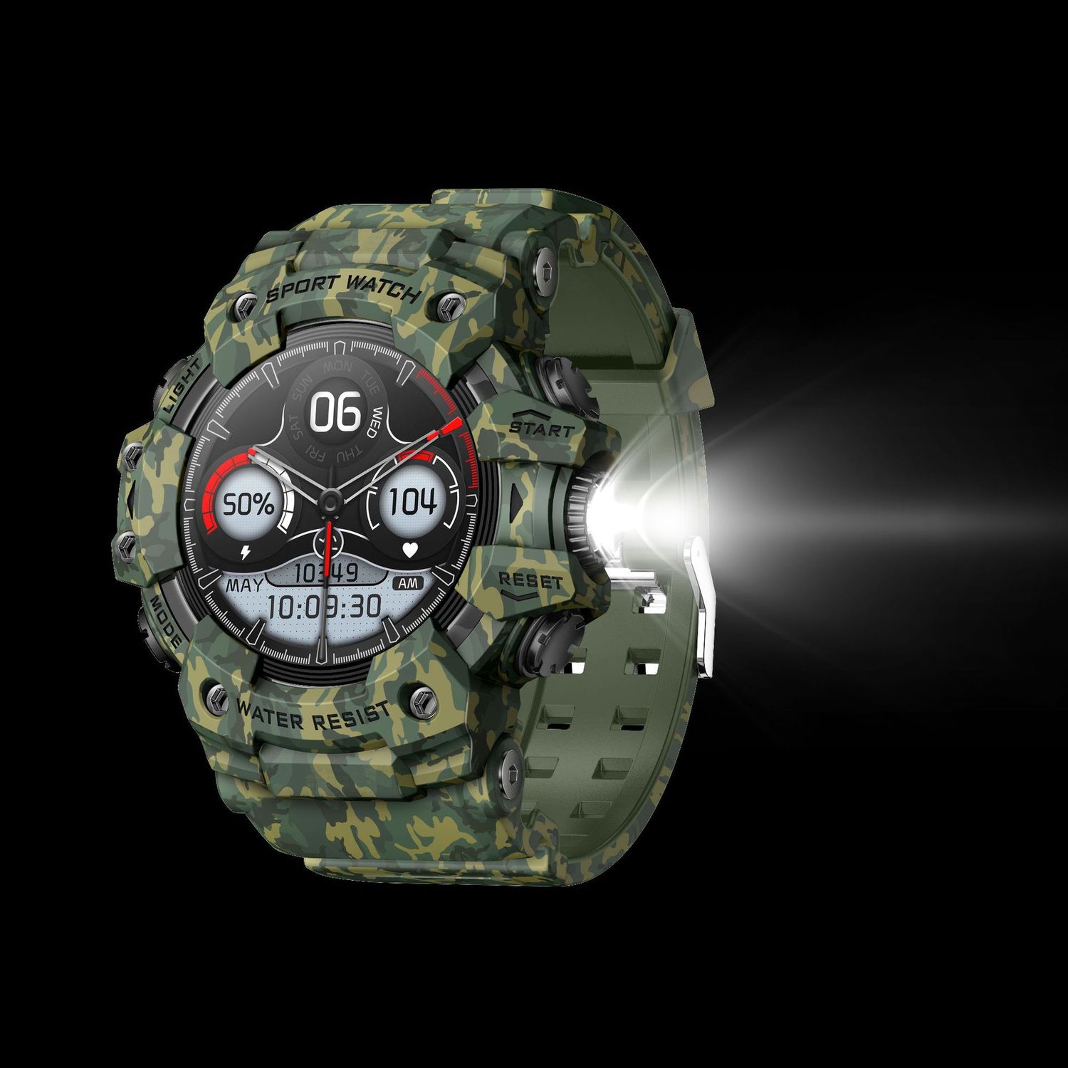 Rugged Outdoor Sport Smartwatch - HD Display, Compass, Flashlight, 100+ Sports Modes, Health Monitoring &amp; Bluetooth Calls(Camouflage green)
