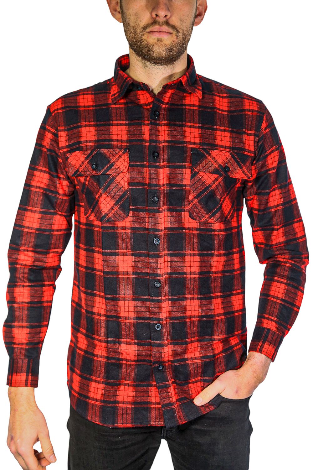 Mens Flannelette Long Sleeve Shirt 100% Cotton Check Authentic Flannel - Full Placket - Red - XXL