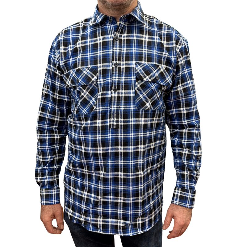 Mens Flannelette Long Sleeve Pullover Shirt 100% Cotton Flannel - Half Placket - Blue/Black - XXL