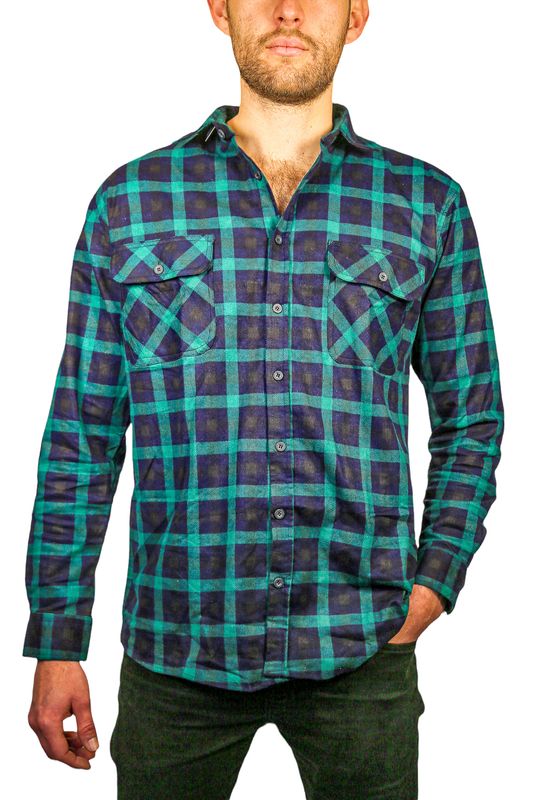 Mens 100% Cotton Flannelette Shirt Long Sleeve Check Authentic Flannel - Green/Navy - XXL