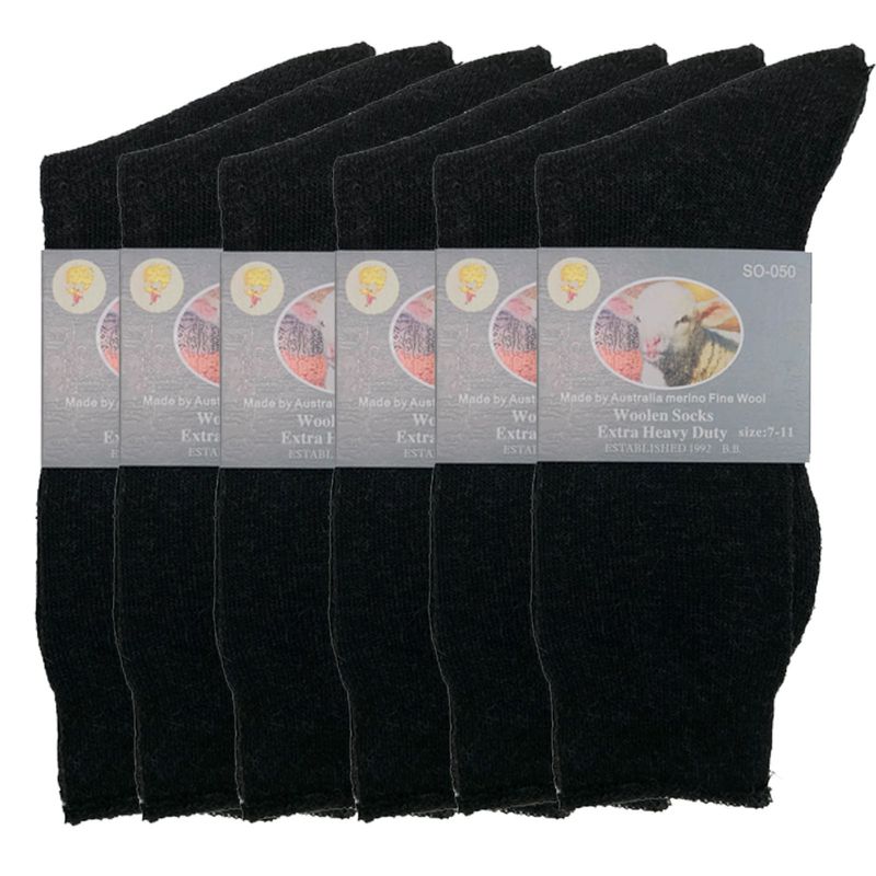 6 Pairs Merino Wool Blend Woolen Work Socks Hiking Heavy Duty Warm Thermal Bulk - Black - 11-14