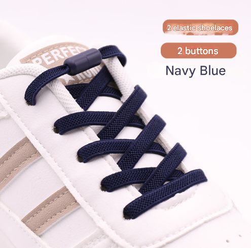Navy Blue No-Tie Elastic Shoelaces with Quick Lock System - Flat Tieless Laces for Kids and Adults