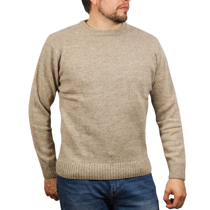 100% SHETLAND RAGG WOOL CREW Round Neck Knit JUMPER Pullover Mens Sweater Knitted - Beige - L