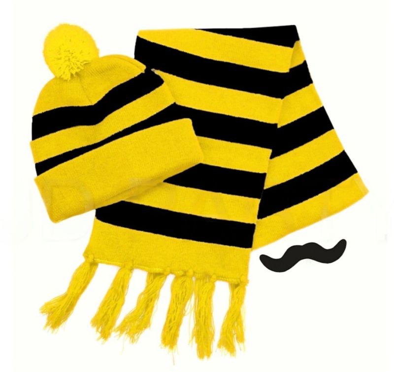 Tigers Beanie Hat &amp; Scarf Set Party Costume w Moustache Warm Winter - Black/Yellow Stripe