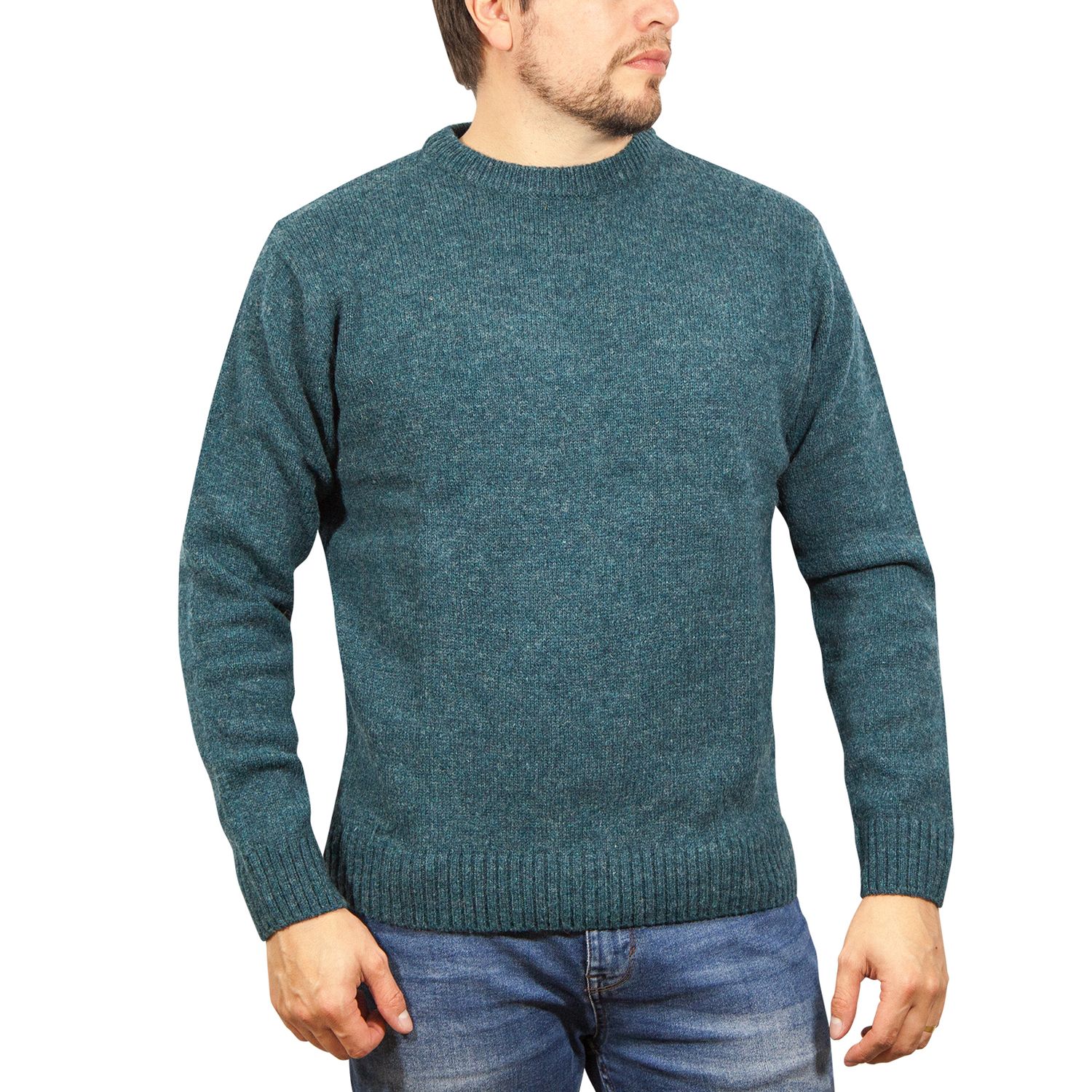 100% SHETLAND RAGG WOOL CREW Round Neck Knit JUMPER Pullover Mens Sweater Knitted - Sherwood - S