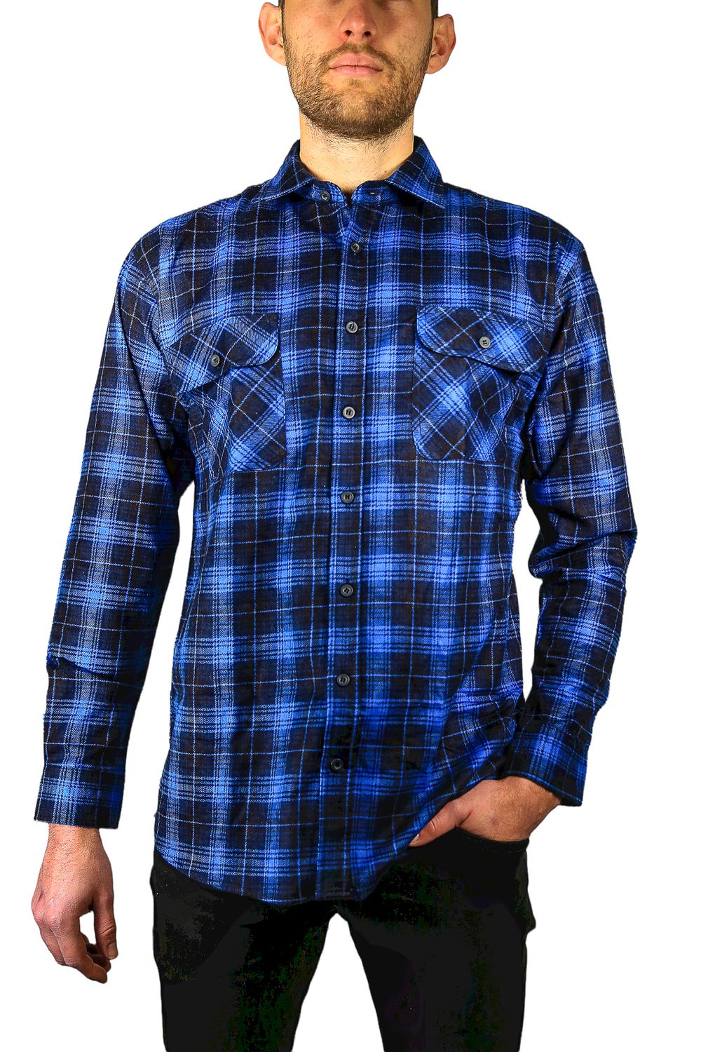 Mens 100% Cotton Flannelette Shirt Long Sleeve Check Authentic Flannel - Blue - XXL