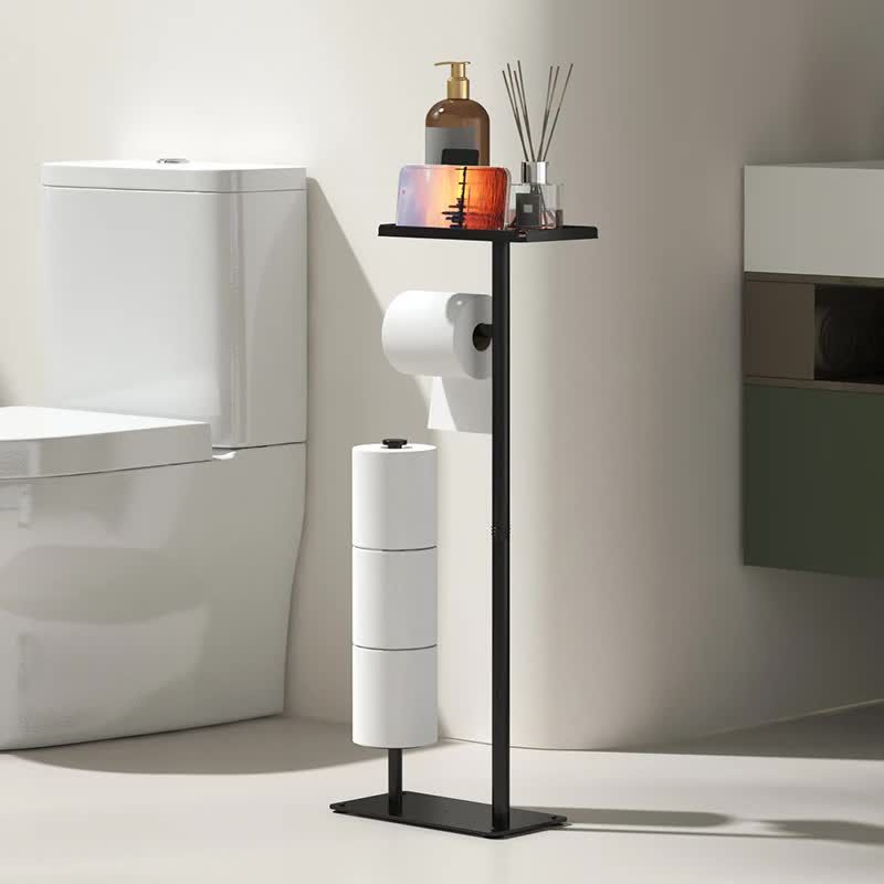 2-in-1 Freestanding Toilet Paper Holder - Thick Carbon Steel with Matte Black Finish, Storage Top and 2 * Paper Roll Holder