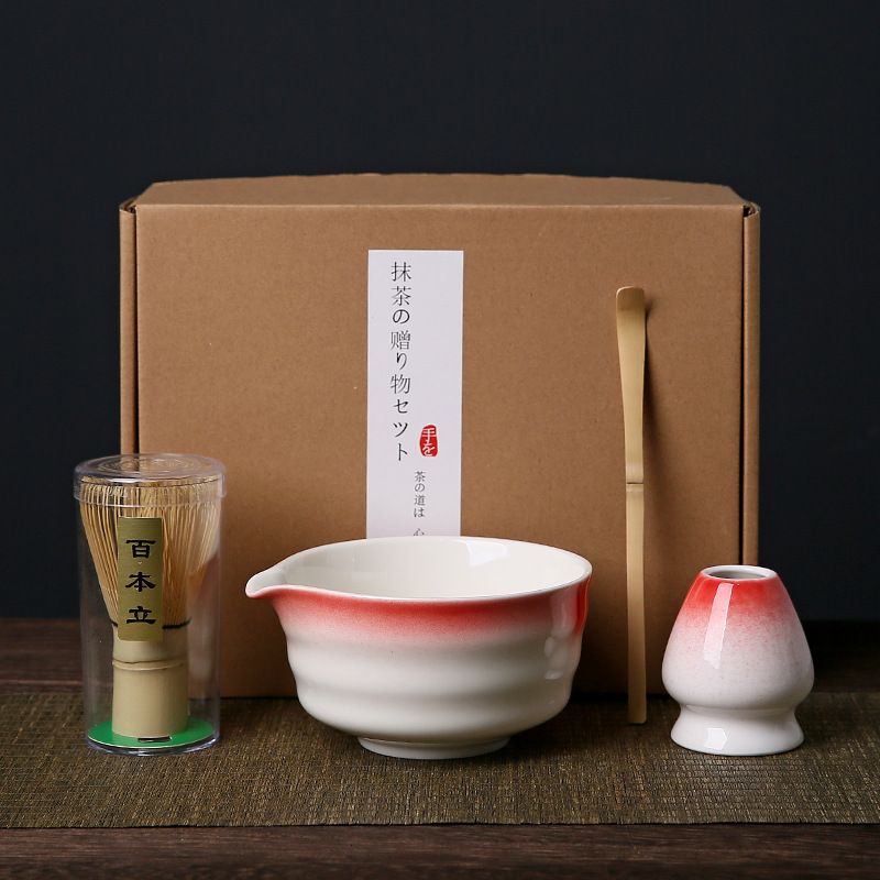 Red and white Complete Matcha Tea Ceremony Set - 4-Piece Japanese Traditional Whisk, Bowl, Whisk Holder &amp; Scoop for Authentic Preparation at Home