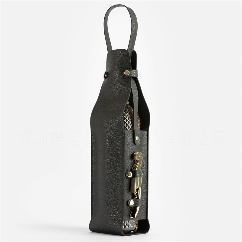 Black Leather-Look Single Wine Bottle Carrier Bag with Handle and Side Pocket for Opener(Red wine and bottle opener are props for shooting and are not included)