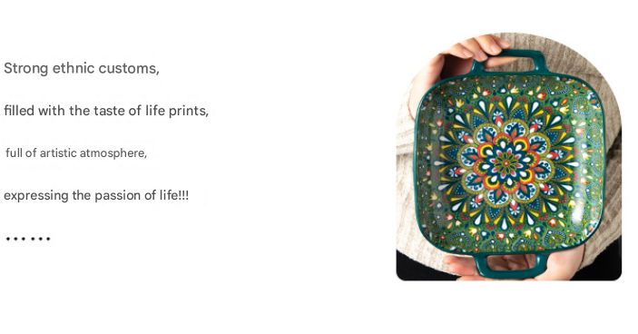 Emerald Plume 9-Inch Bohemian Ceramic Double-Handled Square Plate