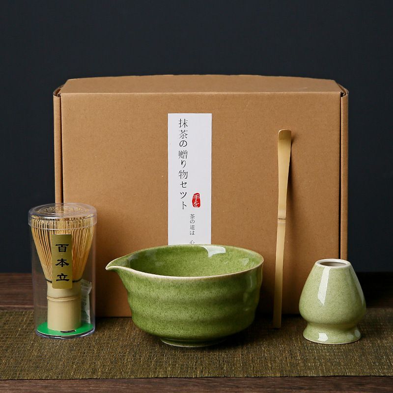 Deep matcha green Complete Matcha Tea Ceremony Set - 4-Piece Japanese Traditional Whisk, Bowl, Whisk Holder &amp; Scoop for Authentic Preparation at Home