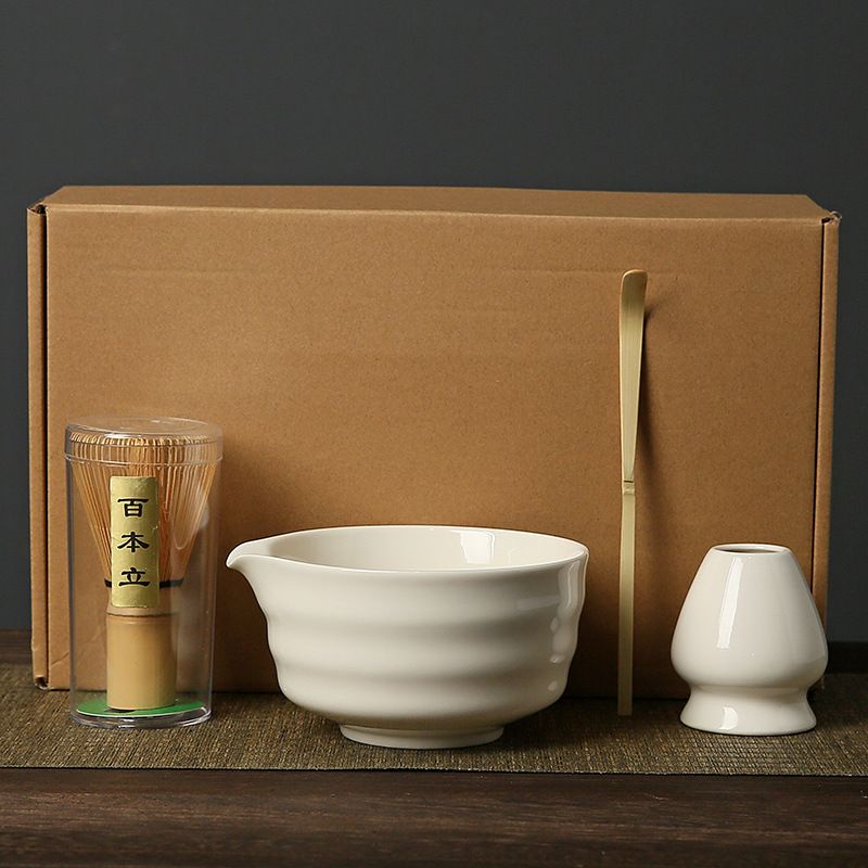 White Complete Matcha Tea Ceremony Set - 4-Piece Japanese Traditional Whisk, Bowl, Whisk Holder &amp; Scoop for Authentic Preparation at Home