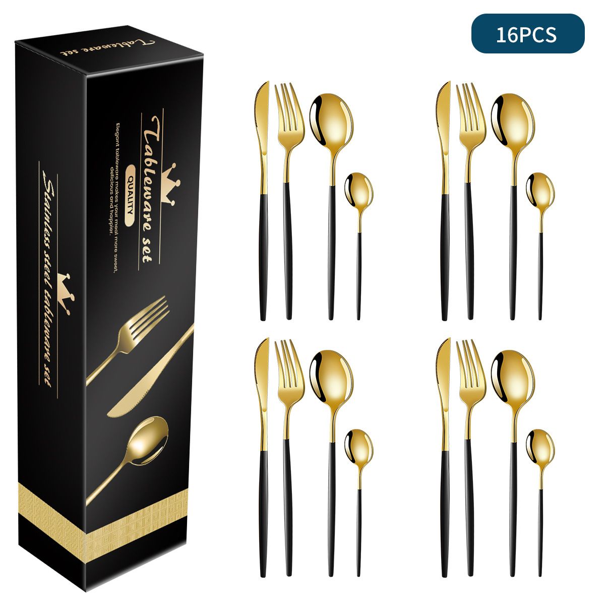 Black And Gold Patchwork Colours 410 Stainless Steel 16-Piece Flatware Set - Elegant Dinnerware with Knife, Fork, Spoon for 4 People