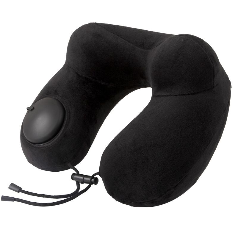 Black Press-to-Inflate Travel Neck Pillow - Ergonomic U-Shaped Cushion for Airplane and Car
