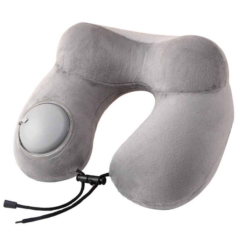 Grey Press-to-Inflate Travel Neck Pillow - Ergonomic U-Shaped Cushion for Airplane and Car