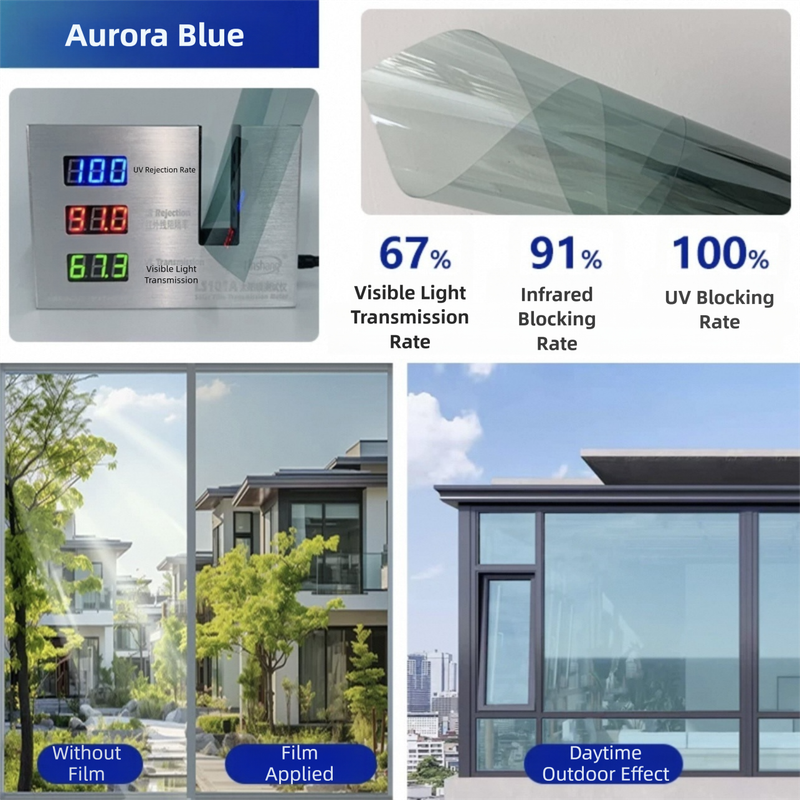 Premium 6-Layer Aurora Blue Window Film for Home/Office â Reflective One-Way Privacy, 50cm x 2m One Roll, UPF 50+ UV Block,With Full Install Tools