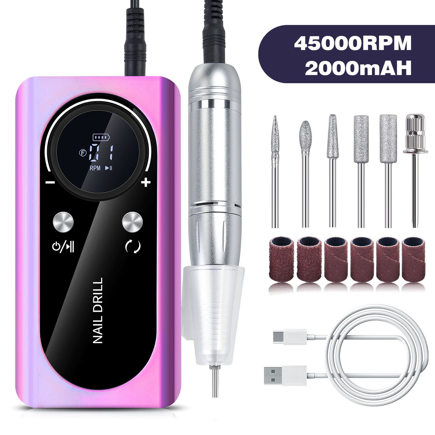 Purple Professional 45000RPM Rechargeable Nail Drill - Portable Electric Nail File for Manicure &amp; Pedicure