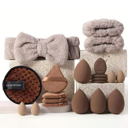 3 * Brown 20 Sets Makeup Sponge Set - Flannel Headband, Crystal Velvet Puffs, Non-Latex Beauty Blenders for Flawless Application