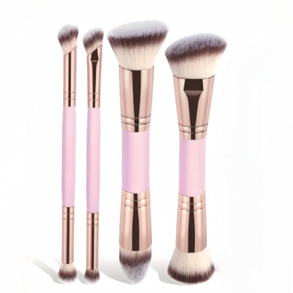 Pink and Glod Versatile 4pc Dual-Ended Makeup Brush Set - Soft Synthetic Bristles for Foundation Blush Contour Concealer