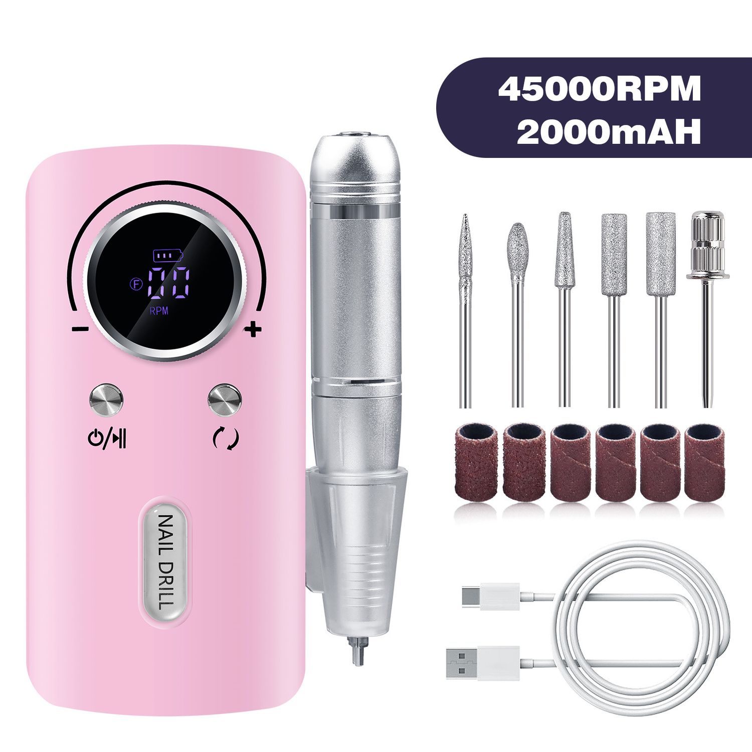 Pink Professional Electric Nail Drill, 45000RPM Rechargeable Nail Grinder Polisher for Salon &amp; Home Use