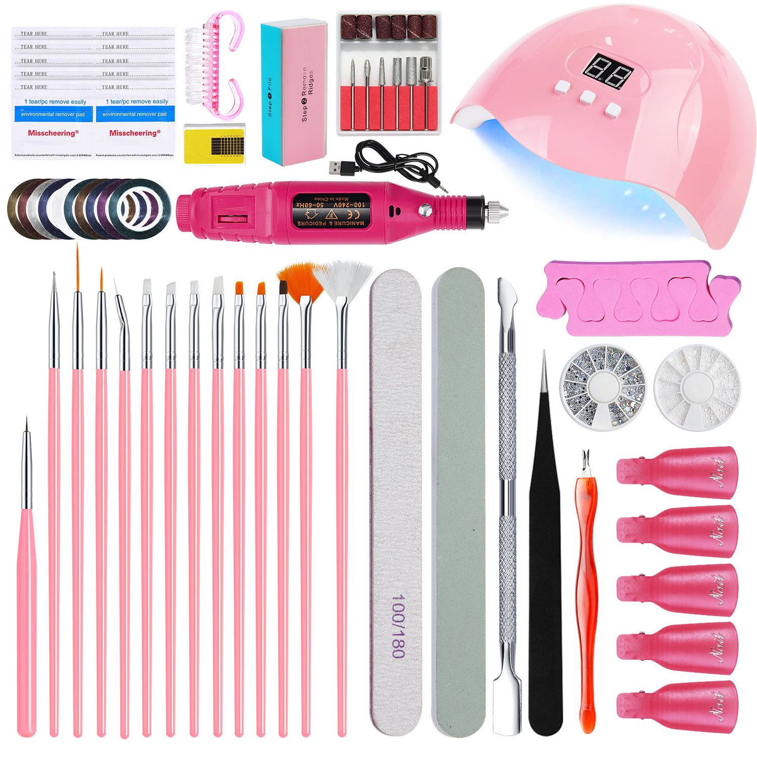 Complete Nail Art Manicure Kit - UV LED Lamp, Electric Drill, Brushes &amp; Accessories