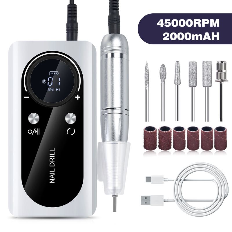 White Professional 45000RPM Rechargeable Nail Drill - Portable Electric Nail File for Manicure &amp; Pedicure