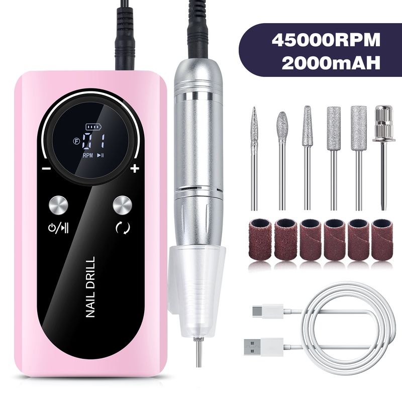 Pink Professional 45000RPM Rechargeable Nail Drill - Portable Electric Nail File for Manicure &amp; Pedicure