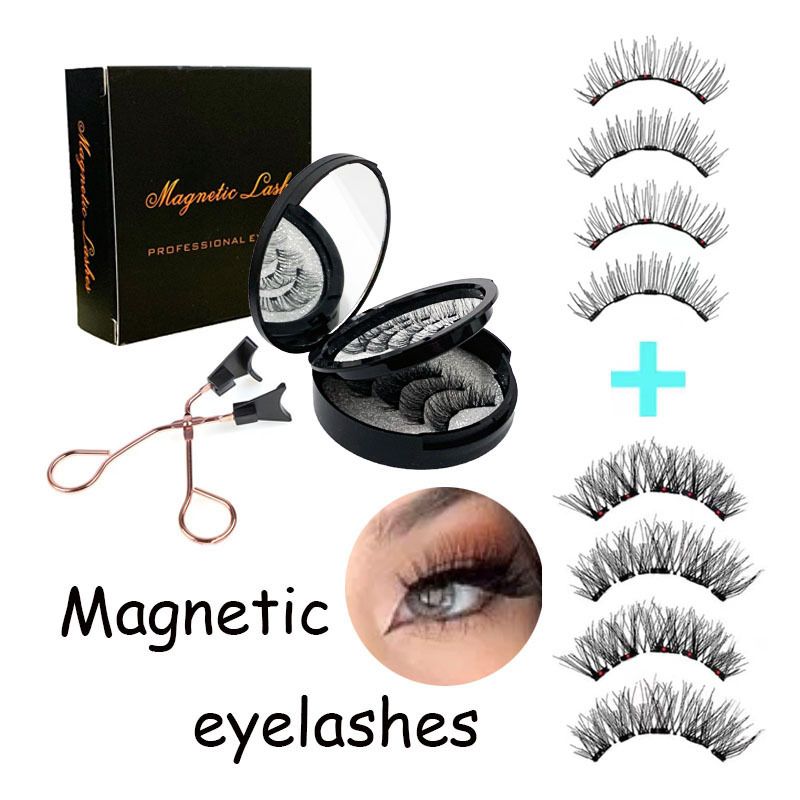 Style 2 Black Magnetic False Eyelashes Kit - 3 Pairs with Applicator Clip and Mirror Case