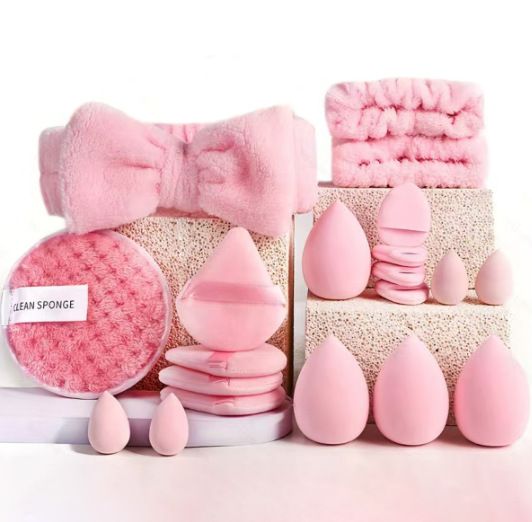 3 * Pink 20 Sets Makeup Sponge Set - Flannel Headband, Crystal Velvet Puffs, Non-Latex Beauty Blenders for Flawless Application
