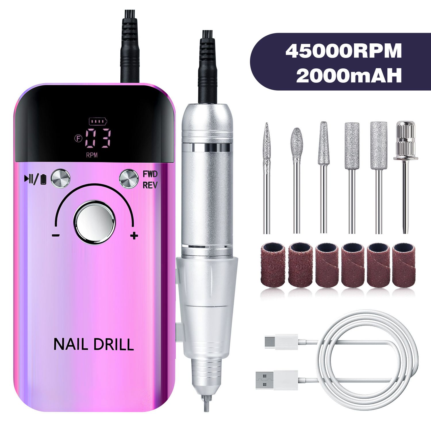 Purple High Speed Portable Nail Drill Set - Electric Nail File Set with 6 Nail Drill Bits
