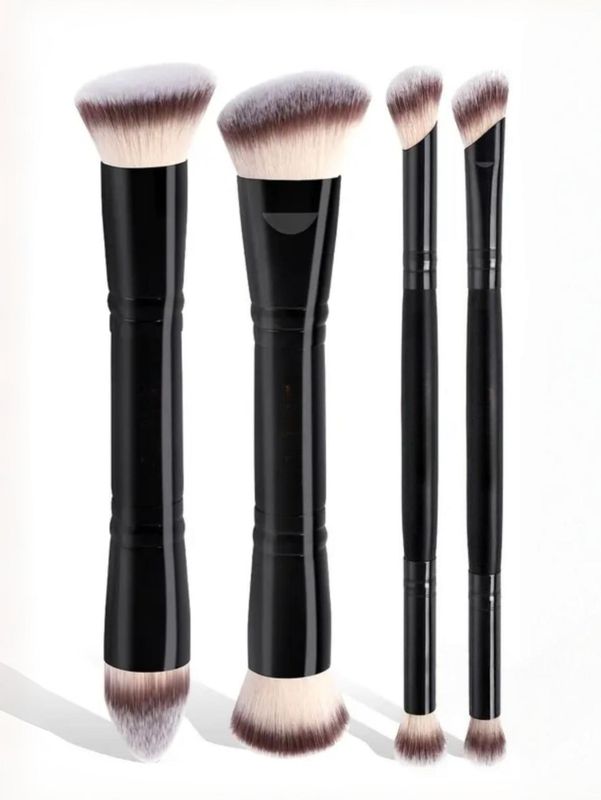 Black Versatile 4pc Dual-Ended Makeup Brush Set - Soft Synthetic Bristles for Foundation Blush Contour Concealer