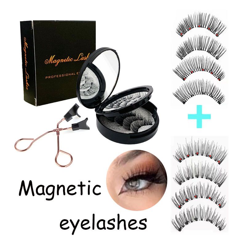 Style 1 Black Magnetic False Eyelashes Kit - 3 Pairs with Applicator Clip and Mirror Case