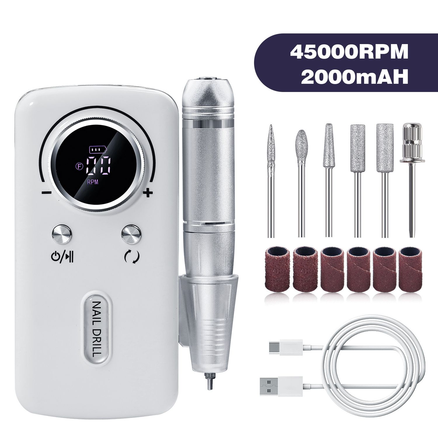 White Professional Electric Nail Drill, 45000RPM Rechargeable Nail Grinder Polisher for Salon &amp; Home Use