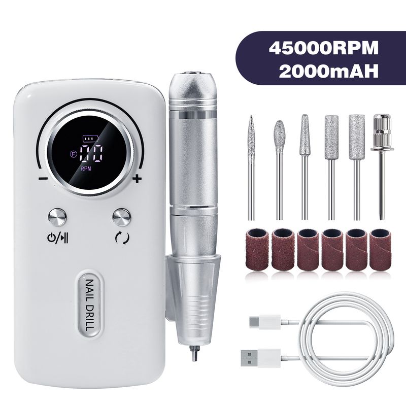White Professional Electric Nail Drill, 45000RPM Rechargeable Nail Grinder Polisher for Salon &amp; Home Use