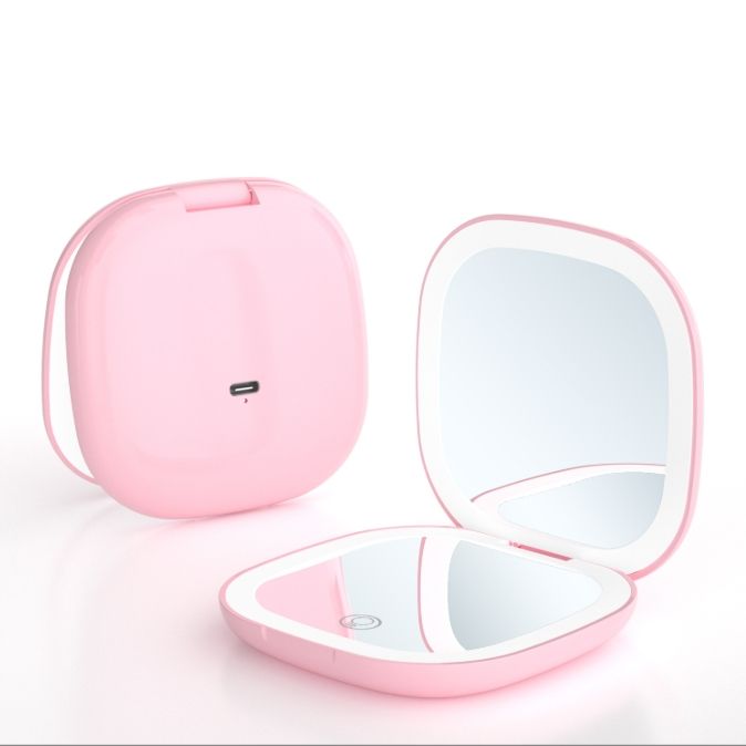 2-piece Pink Portable LED Makeup Mirror - Rechargeable Compact with 3-Color Lights &amp; 5x Magnification