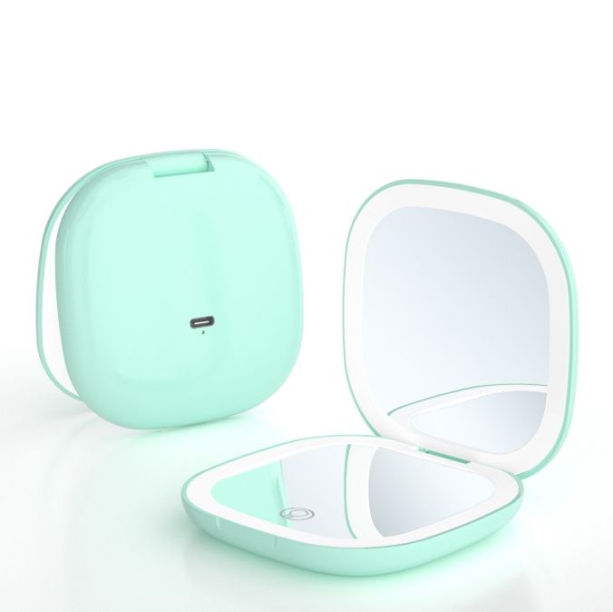 2-piece Green Portable LED Makeup Mirror - Rechargeable Compact with 3-Color Lights &amp; 5x Magnification
