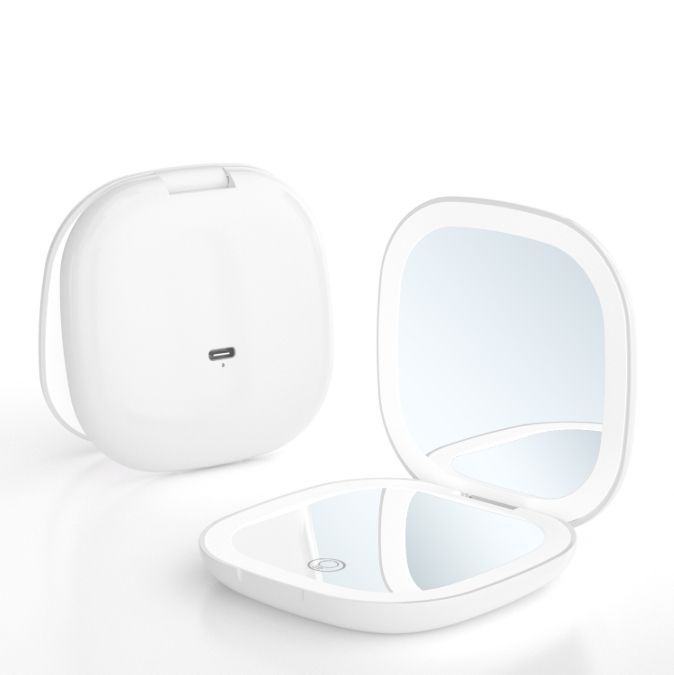 2-piece White Portable LED Makeup Mirror - Rechargeable Compact with 3-Color Lights &amp; 5x Magnification