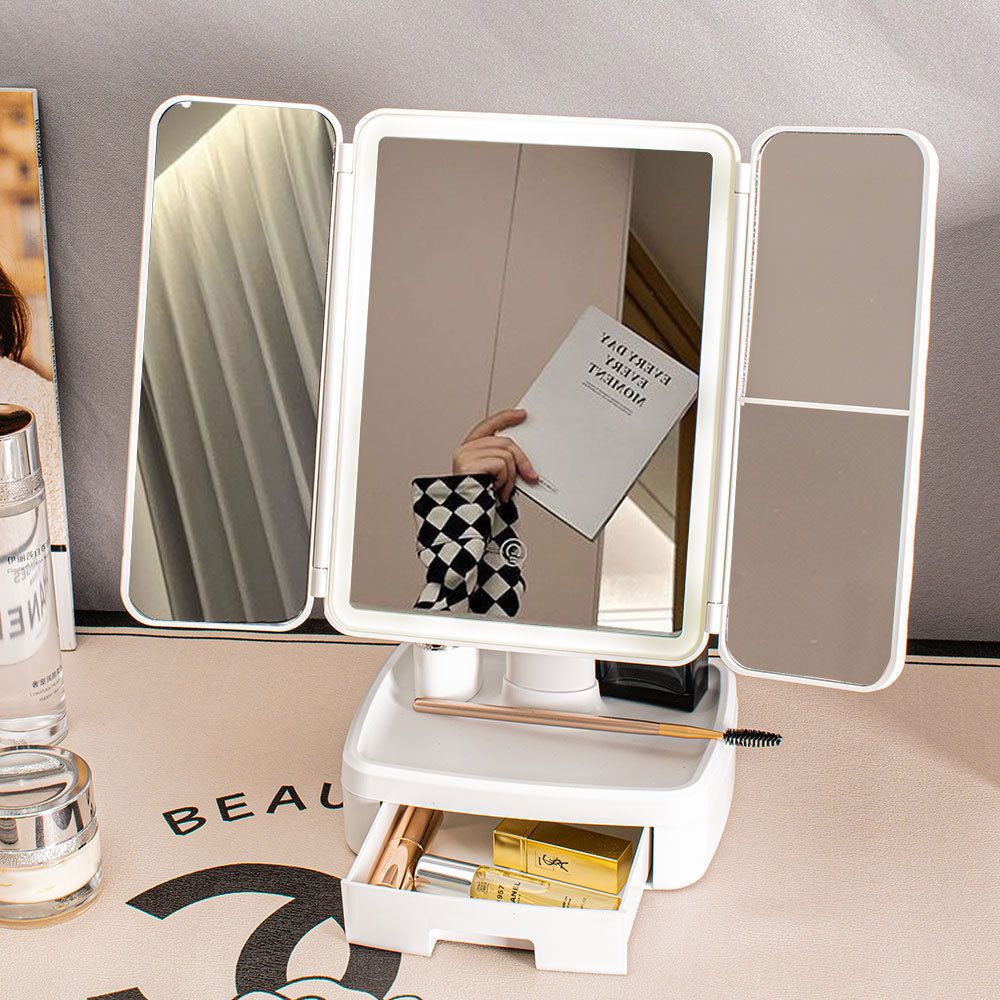 Elegant Tri-Fold Shell LED Vanity Mirror - Smart Makeup Gift with Storage &amp; Illumination