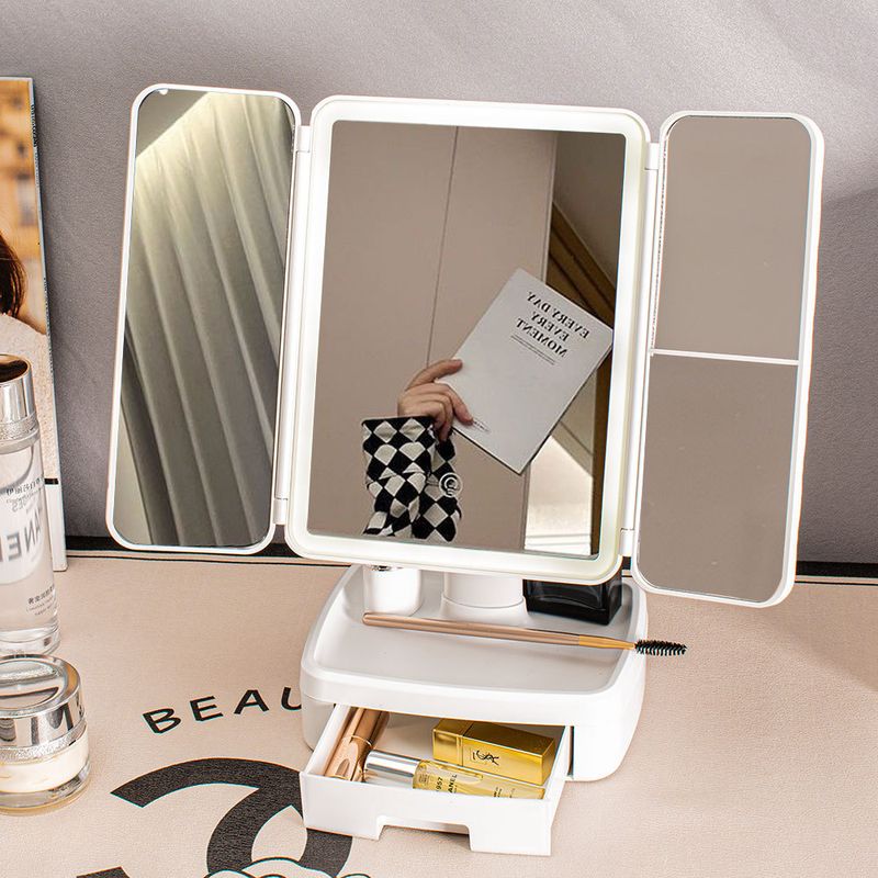 Elegant Tri-Fold Shell LED Vanity Mirror - Smart Makeup Gift with Storage &amp; Illumination