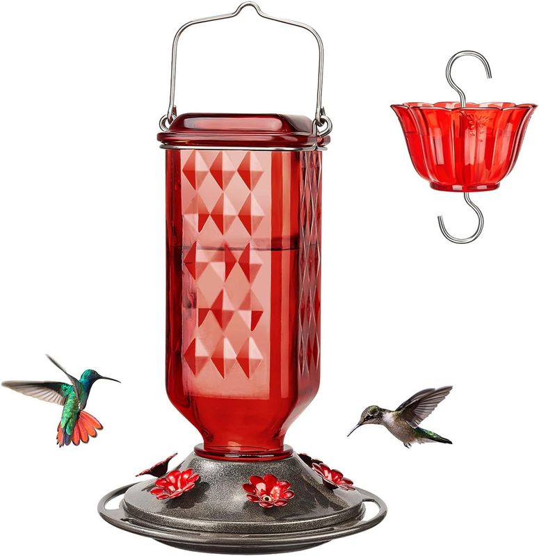 Elegant Hanging Hummingbird Feeder - Decorative Glass Nectar Bottle with Ant Moat, 6 Feeding Ports(Red)