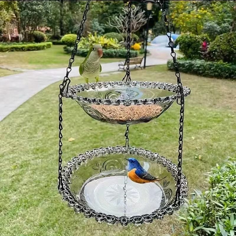 Grey Easy Clean Hanging Bird Feeder - Double Layer Durable Plastic Design for Patios